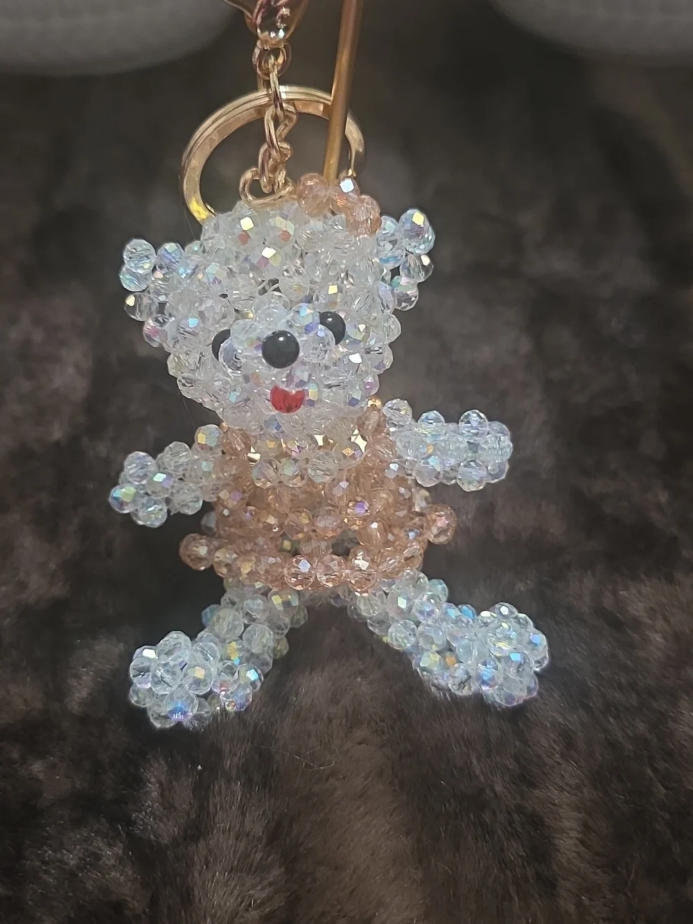 Beaded Teddy Bear Keychain - Pink and Iridescent - Picture 2 of 5